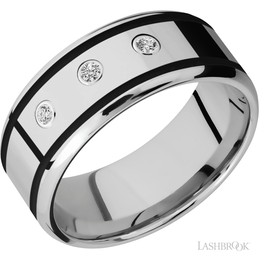 White Cobalt Chrome Alternative Metal Ring 9mm wide with Round Diamonds Black Color Size 10