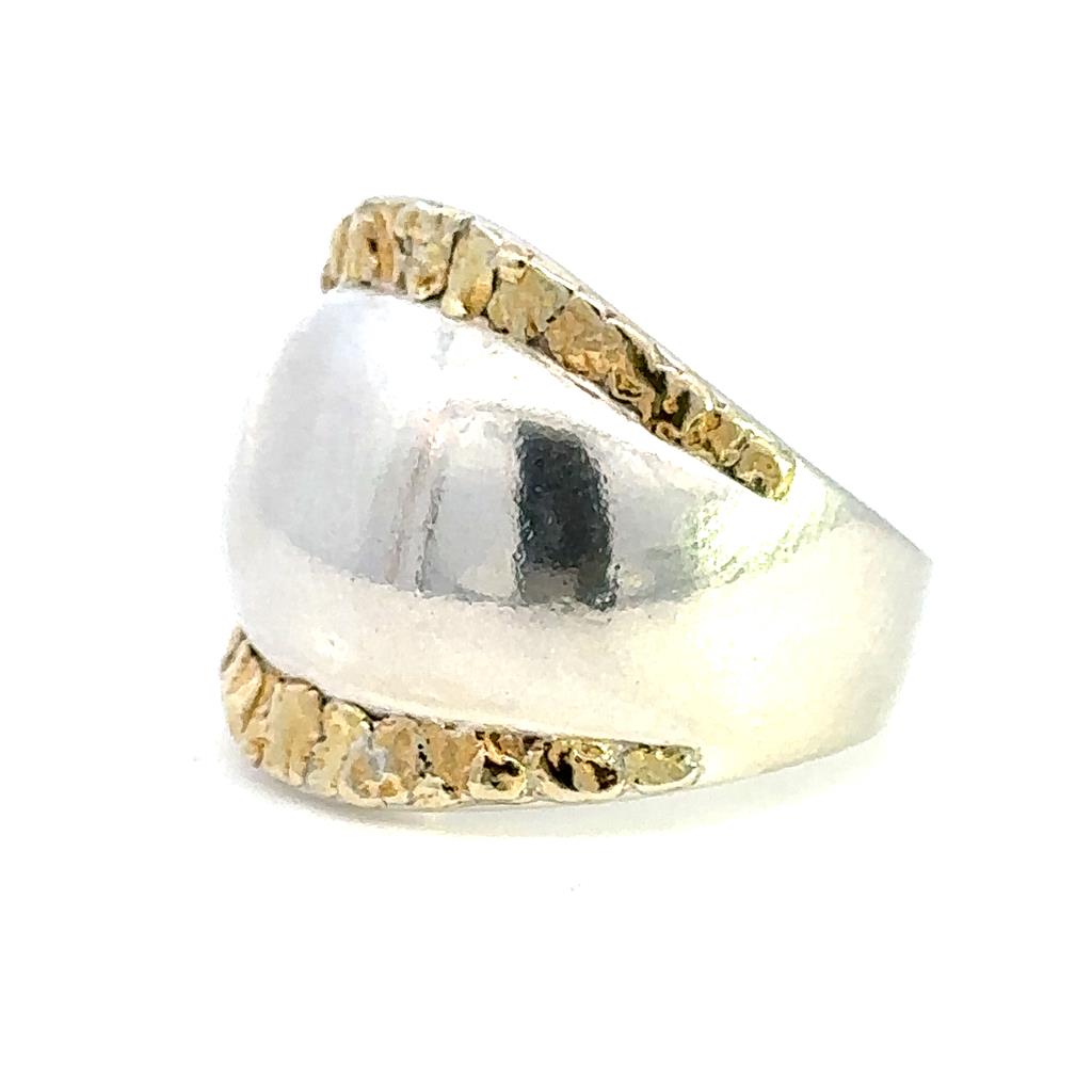 Alaskana Domed Band Ring Sterling Silver & Alaskan Gold Nugget Size 7