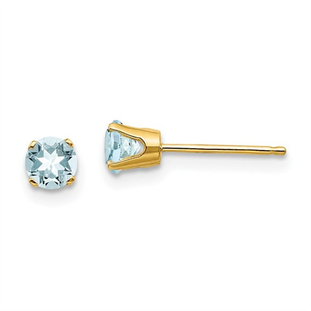 14 Karat Gold Yellow Birth Stone Stud Earrings Round Aquas
