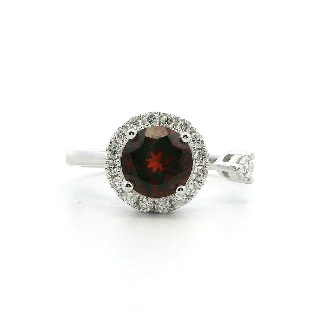 Halo Style Colored Stone Ring 14 Karat White with Garnet Mozambique & Diamonds Accent size 7