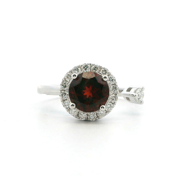 Halo Style Colored Stone Ring 14 Karat White with Garnet Mozambique & Diamonds Accent size 7