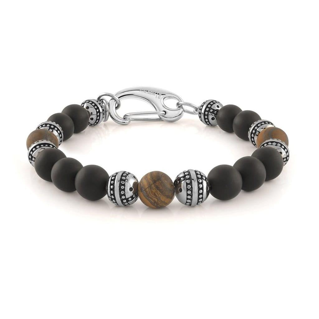 Clasp Style Gemstone Bead Bracelet Stainless Steel with Black Onyx & Silver - Black Stainless Steel 8.2"