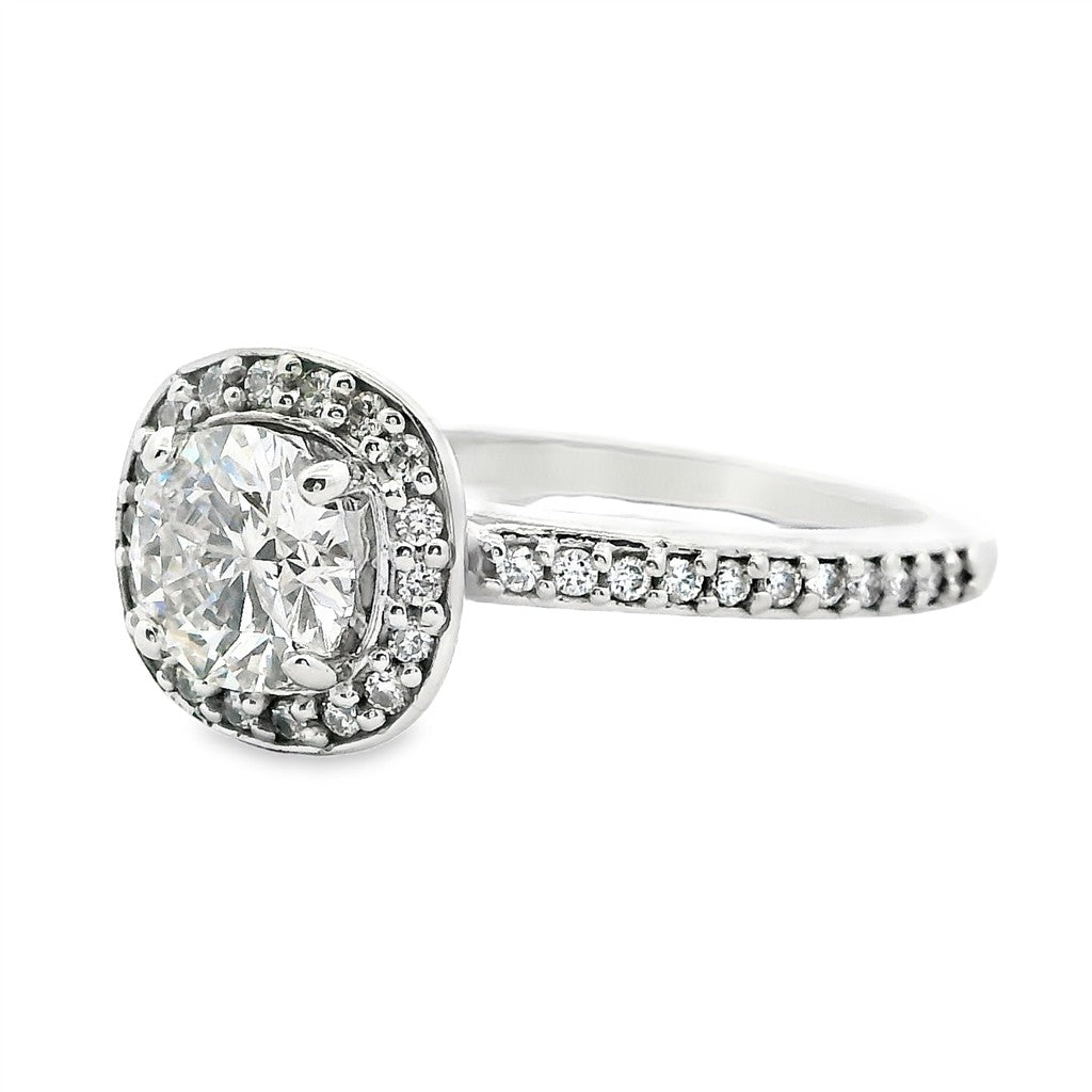 Halo Diamond Engagement Ring White 14 Karat Gold With A 0.65 Carat Round Shape Diamond Center & Round Shape Diamonds Side Stones