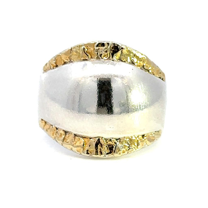 Alaskana Domed Band Ring Sterling Silver & Alaskan Gold Nugget Size 7