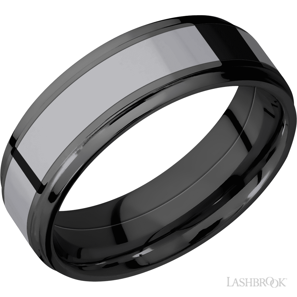 Silver & Black Zirconium Alternative Metal Ring 7mm wide Size 10
