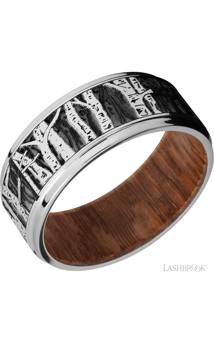 9 mm wide/Flat Grooved Edges/Cobalt Chrome band with a laser carved Aspen pattern also featuring a Leopard Wood sleeve.