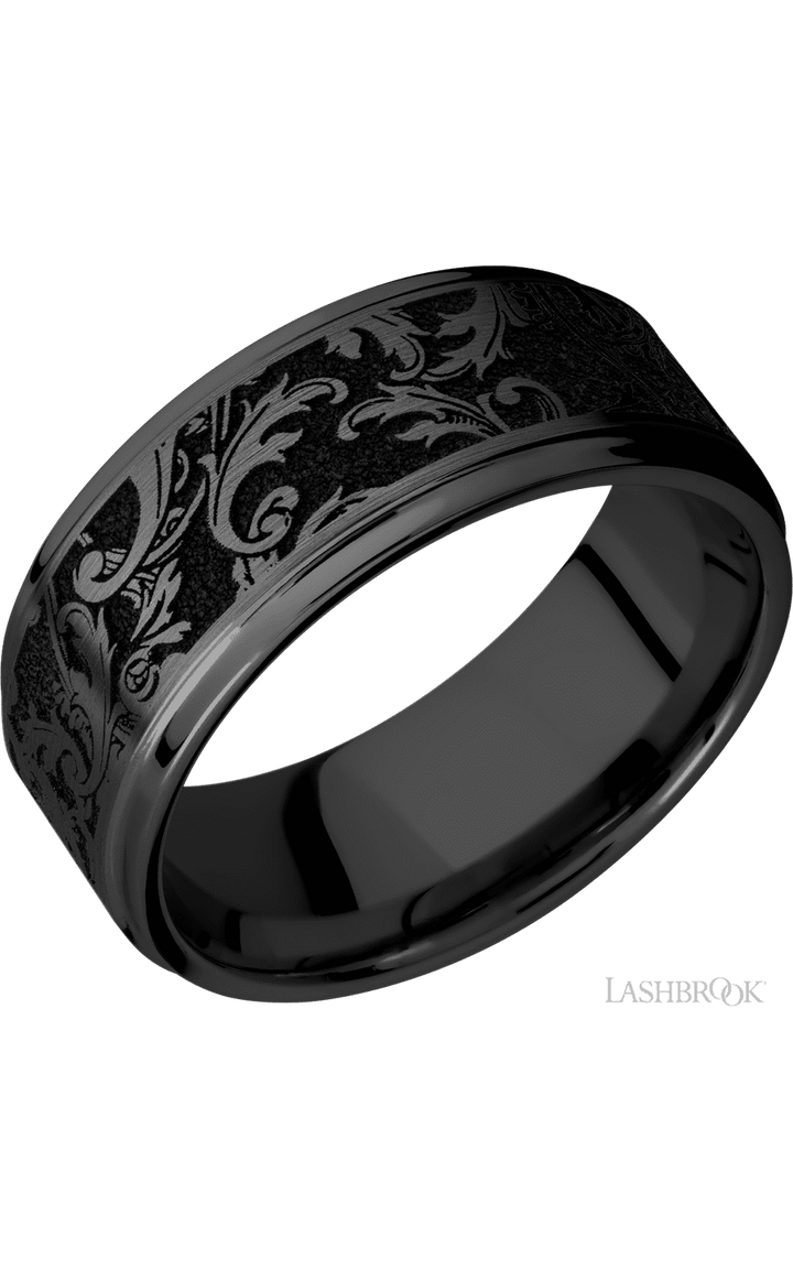 9 mm wide/Flat Grooved Edges/Zirconium band with a laser carved Black Leaf pattern.