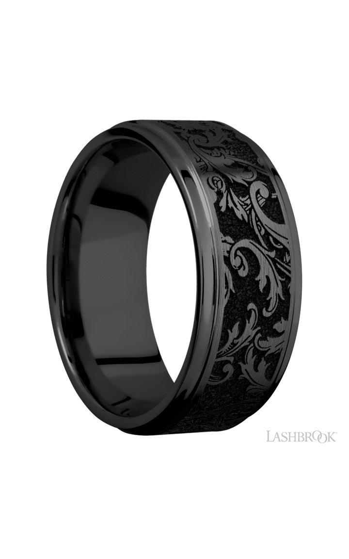 9 mm wide/Flat Grooved Edges/Zirconium band with a laser carved Black Leaf pattern.