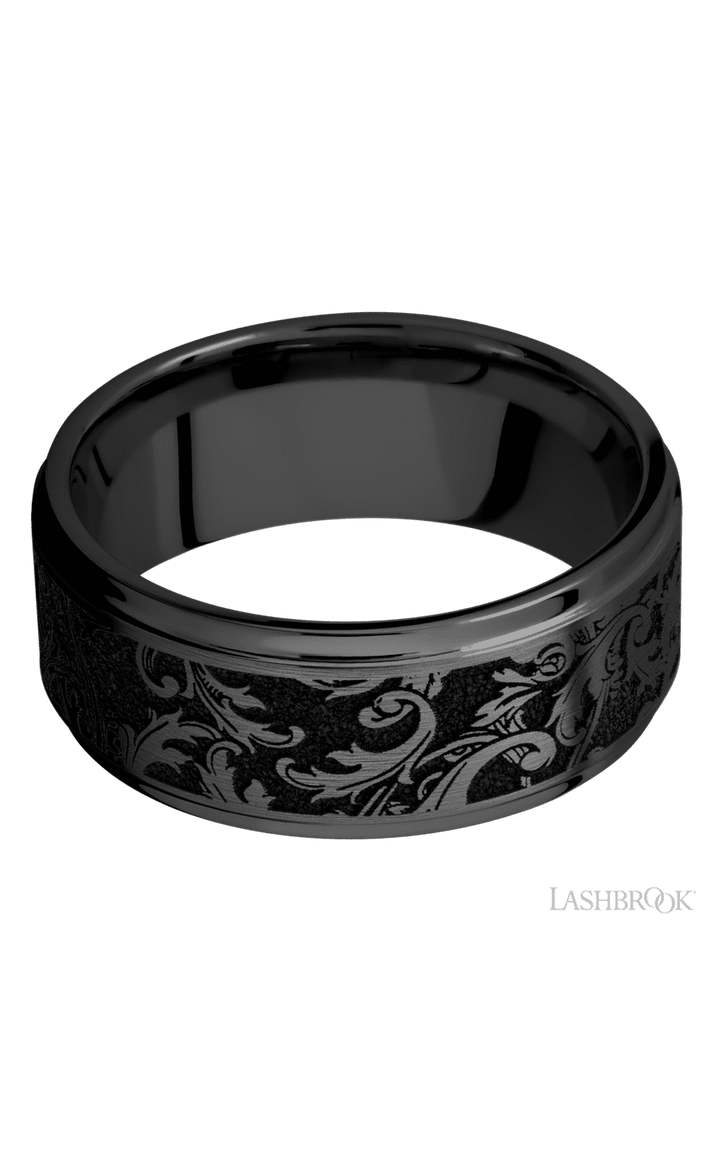 9 mm wide/Flat Grooved Edges/Zirconium band with a laser carved Black Leaf pattern.