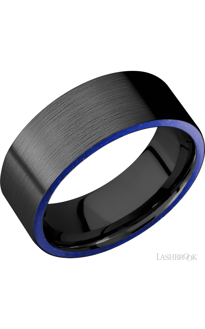8 mm wide/Flat/Zirconium band with two 1 mm Side inlays of Lapis.