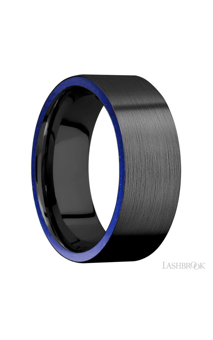 8 mm wide/Flat/Zirconium band with two 1 mm Side inlays of Lapis.