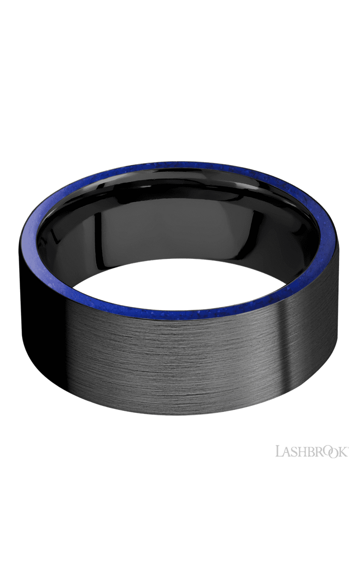 8 mm wide/Flat/Zirconium band with two 1 mm Side inlays of Lapis.