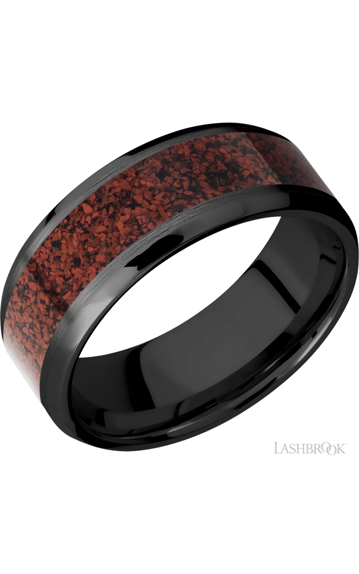 8 mm wide/Beveled/Zirconium band with one 5 mm Centered inlay of Dinosaur Bone Red.