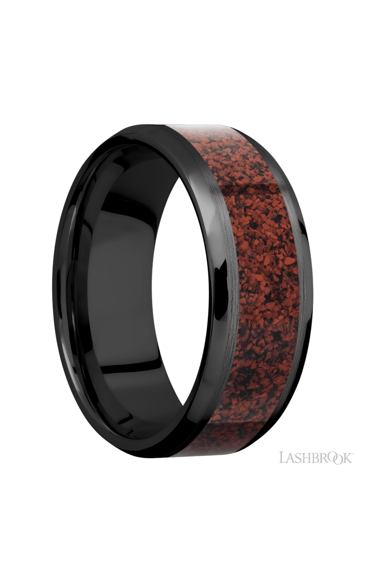 8 mm wide/Beveled/Zirconium band with one 5 mm Centered inlay of Dinosaur Bone Red.