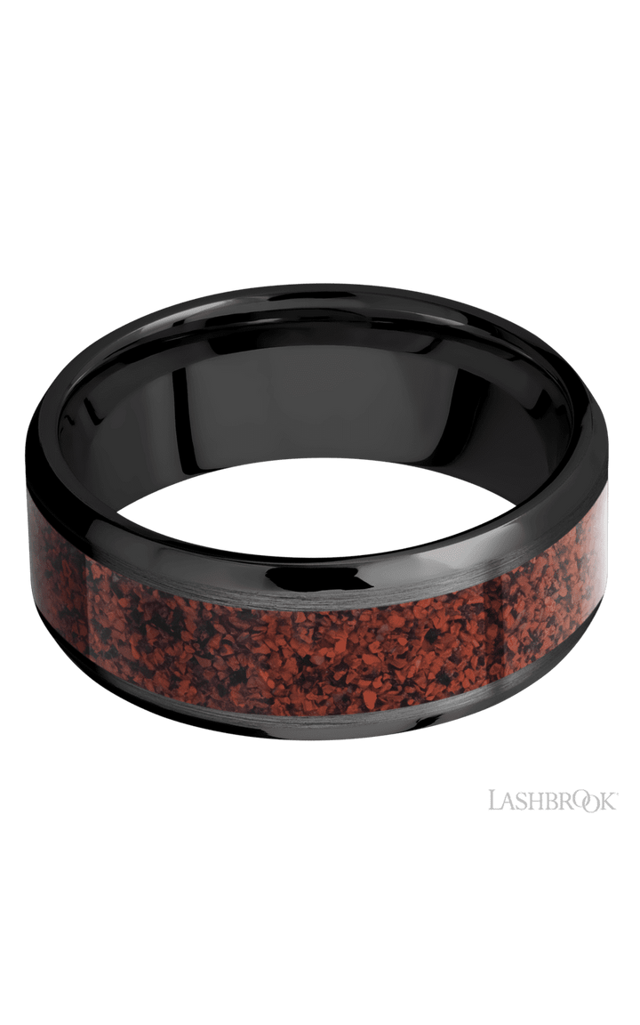 8 mm wide/Beveled/Zirconium band with one 5 mm Centered inlay of Dinosaur Bone Red.