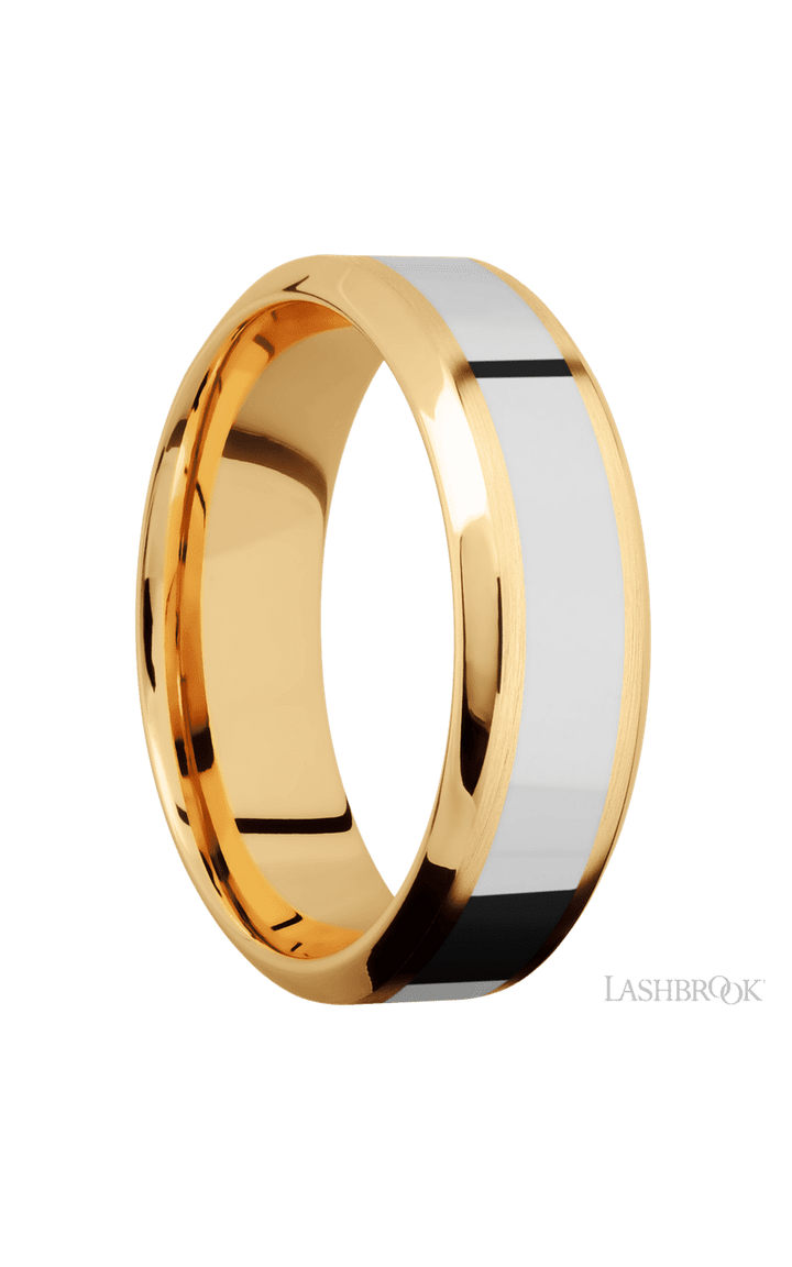 7 mm wide/High Bevel/14K Yellow Gold band with one 3 mm Centered inlay of 14K White Gold.