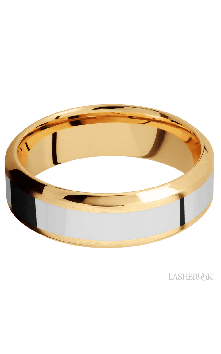 7 mm wide/High Bevel/14K Yellow Gold band with one 3 mm Centered inlay of 14K White Gold.