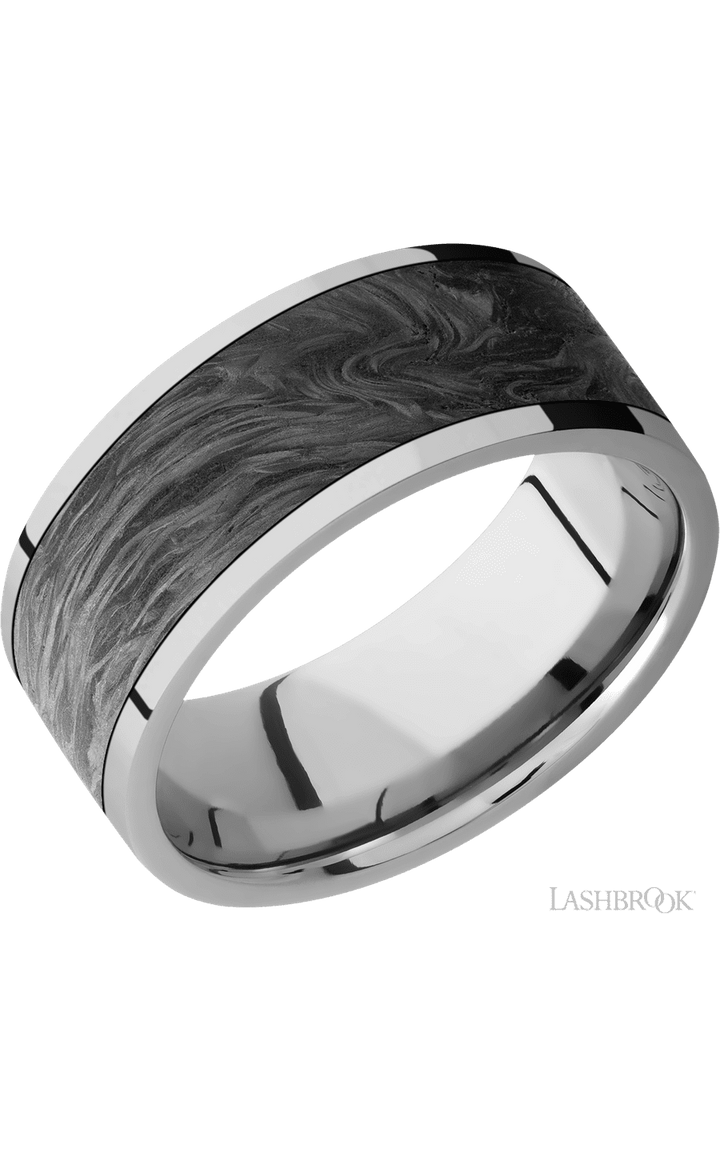 9 mm wide/Flat/Titanium band with one 7 mm Centered inlay of Forged Carbon Fiber.