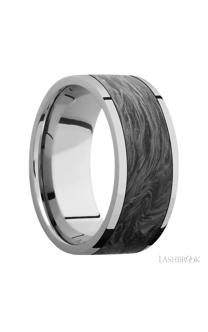 9 mm wide/Flat/Titanium band with one 7 mm Centered inlay of Forged Carbon Fiber.
