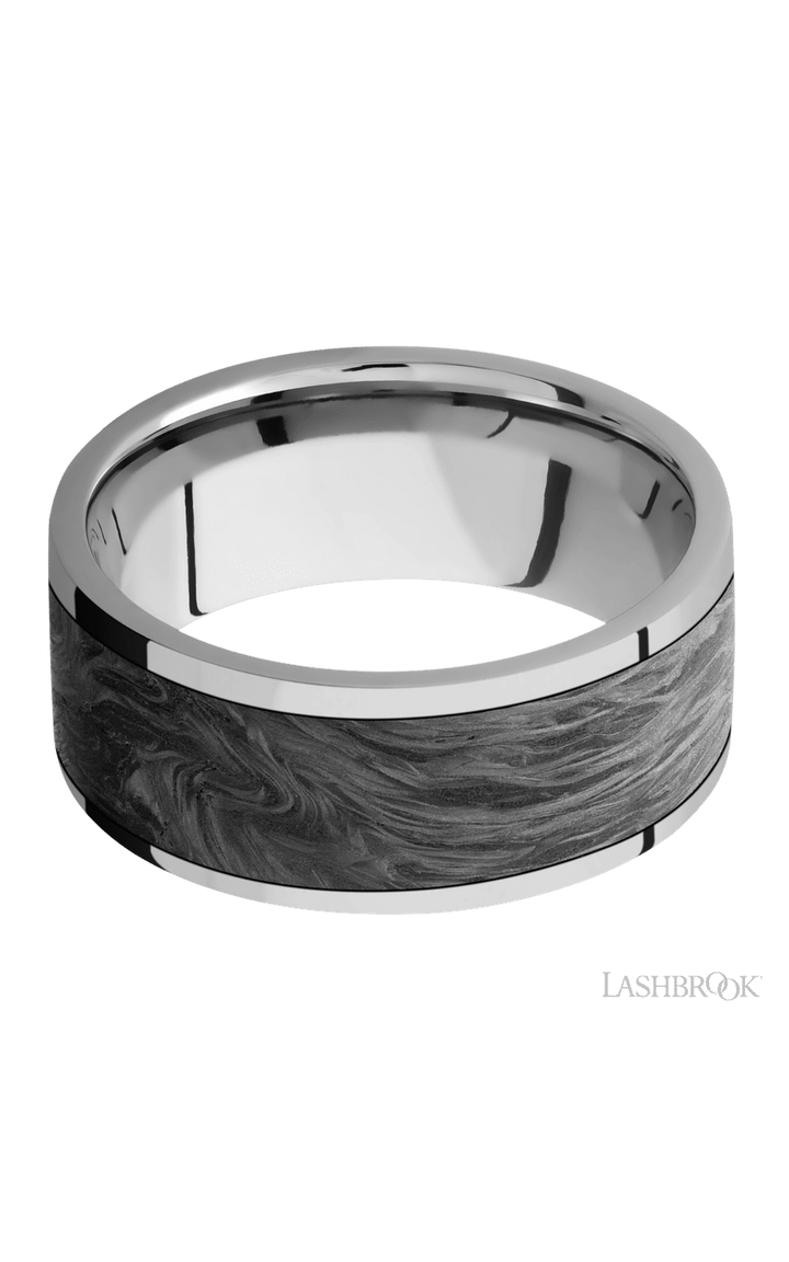 9 mm wide/Flat/Titanium band with one 7 mm Centered inlay of Forged Carbon Fiber.