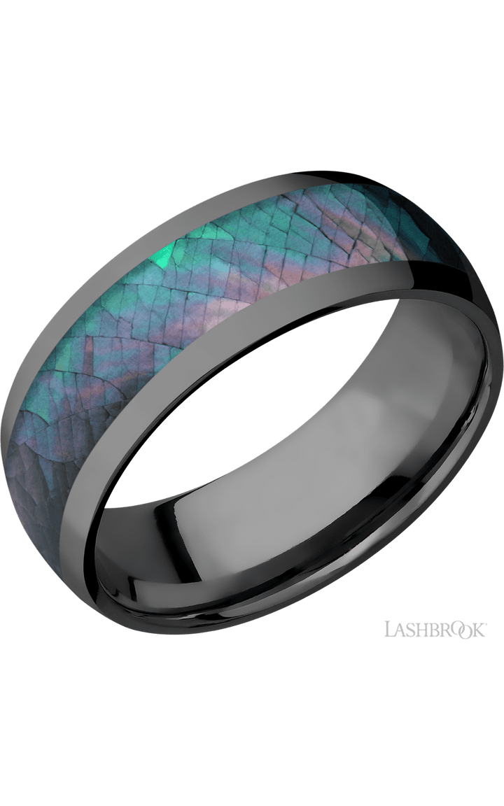 8 mm wide/Domed/Zirconium band with one 5 mm Centered inlay of Black Mother of Pearl.
