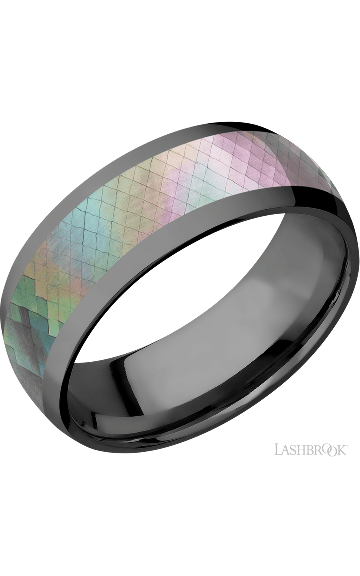 8 mm wide/Domed/Zirconium band with one 5 mm Centered inlay of Black Mother of Pearl.