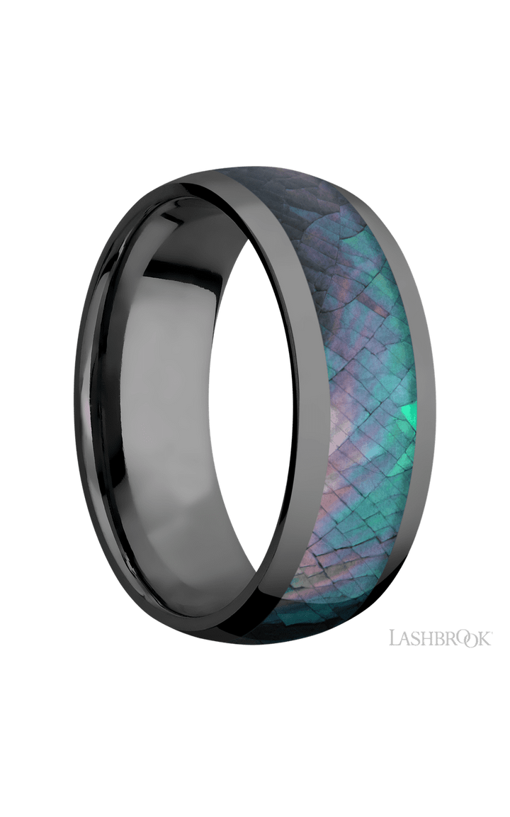 8 mm wide/Domed/Zirconium band with one 5 mm Centered inlay of Black Mother of Pearl.