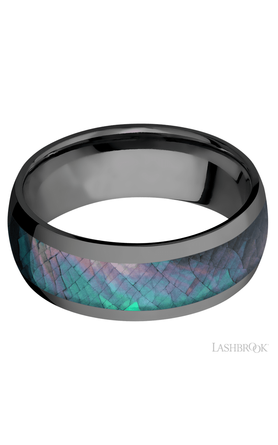 8 mm wide/Domed/Zirconium band with one 5 mm Centered inlay of Black Mother of Pearl.