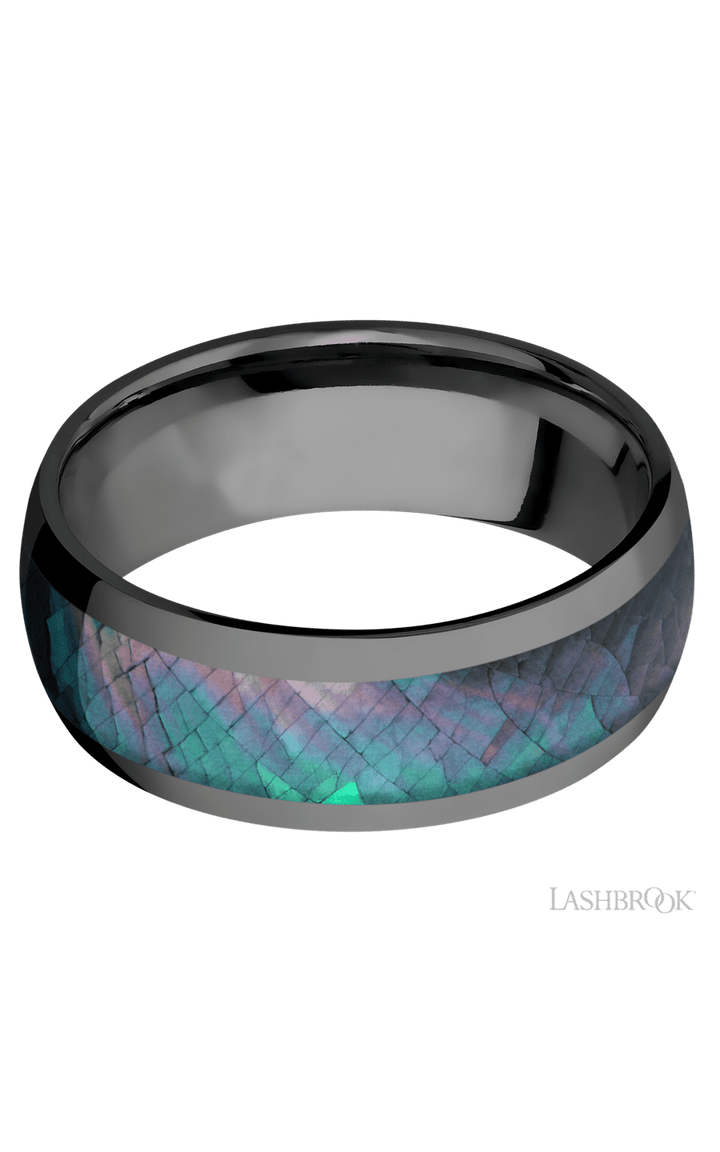 8 mm wide/Domed/Zirconium band with one 5 mm Centered inlay of Black Mother of Pearl.