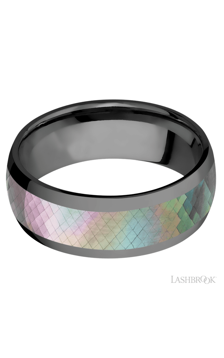 8 mm wide/Domed/Zirconium band with one 5 mm Centered inlay of Black Mother of Pearl.