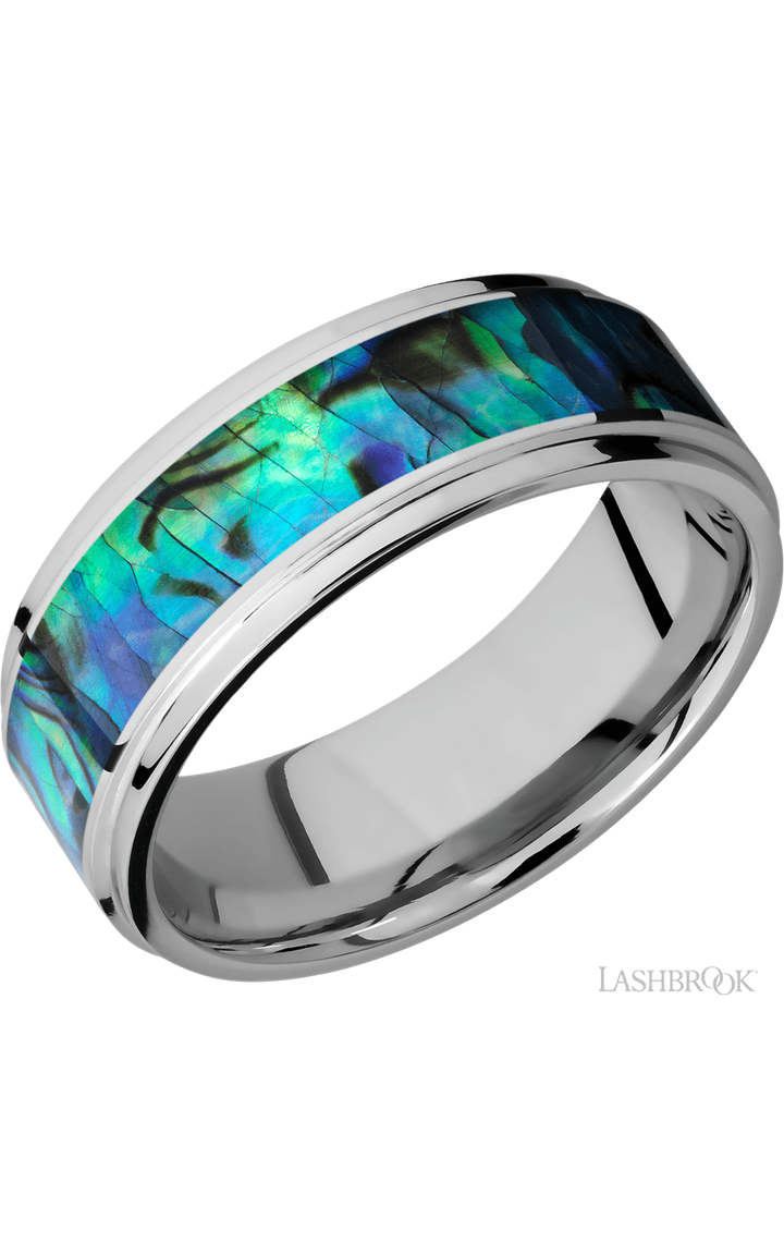 8 mm wide/Flat Grooved Edges/Cobalt Chrome band with one 5 mm Centered inlay of Abalone.