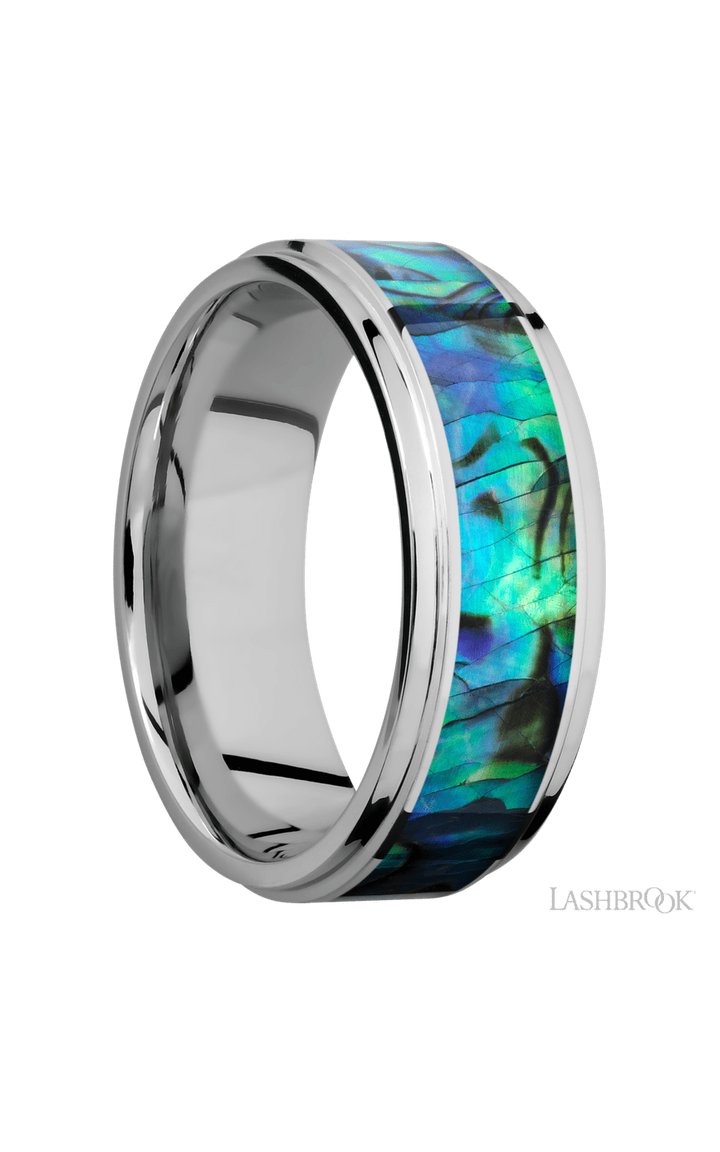 8 mm wide/Flat Grooved Edges/Cobalt Chrome band with one 5 mm Centered inlay of Abalone.