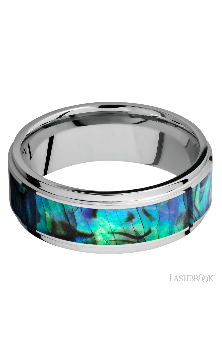 8 mm wide/Flat Grooved Edges/Cobalt Chrome band with one 5 mm Centered inlay of Abalone.
