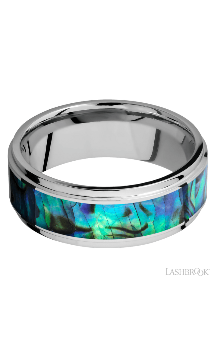 8 mm wide/Flat Grooved Edges/Cobalt Chrome band with one 5 mm Centered inlay of Abalone.