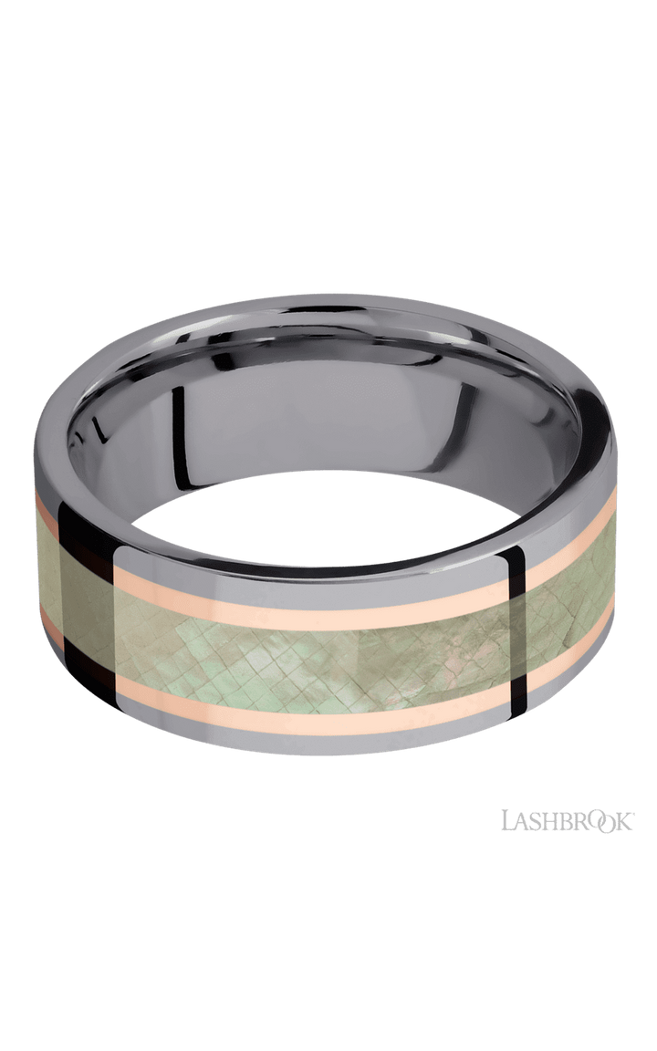 8 mm wide/Flat/Tantalum band featuring inlays of 14K Rose Gold and Freshwater Mother of Pearl.