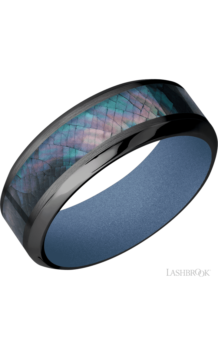 8 mm wide/High Bevel/Zirconium band with one 4 mm Centered inlay of Black Mother of Pearl also featuring a Crushed Orchid sleeve.