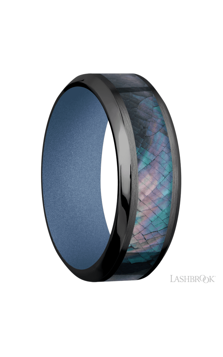 8 mm wide/High Bevel/Zirconium band with one 4 mm Centered inlay of Black Mother of Pearl also featuring a Crushed Orchid sleeve.