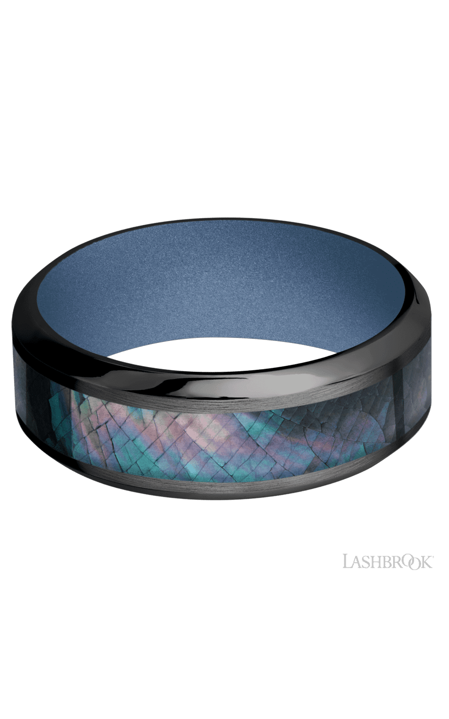 8 mm wide/High Bevel/Zirconium band with one 4 mm Centered inlay of Black Mother of Pearl also featuring a Crushed Orchid sleeve.