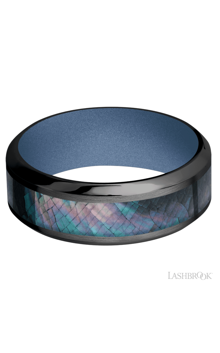 8 mm wide/High Bevel/Zirconium band with one 4 mm Centered inlay of Black Mother of Pearl also featuring a Crushed Orchid sleeve.