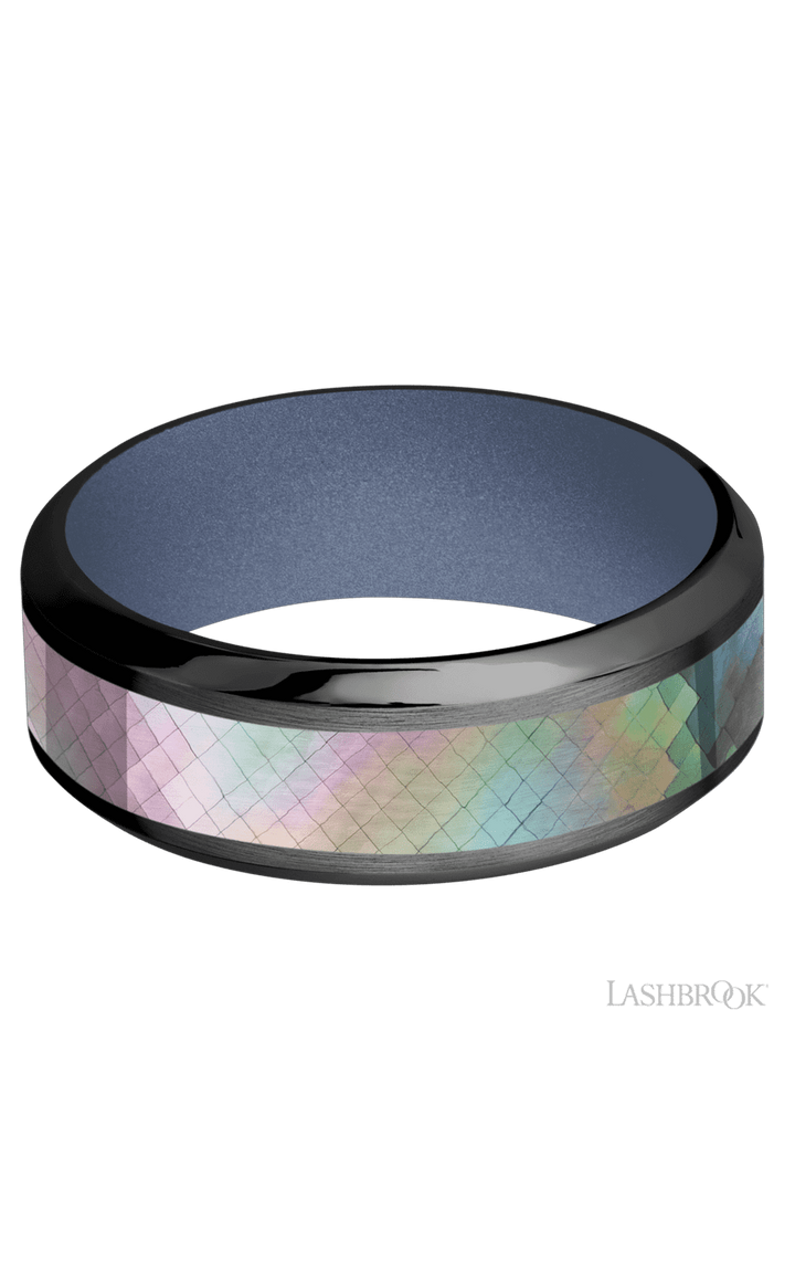 8 mm wide/High Bevel/Zirconium band with one 4 mm Centered inlay of Black Mother of Pearl also featuring a Crushed Orchid sleeve.