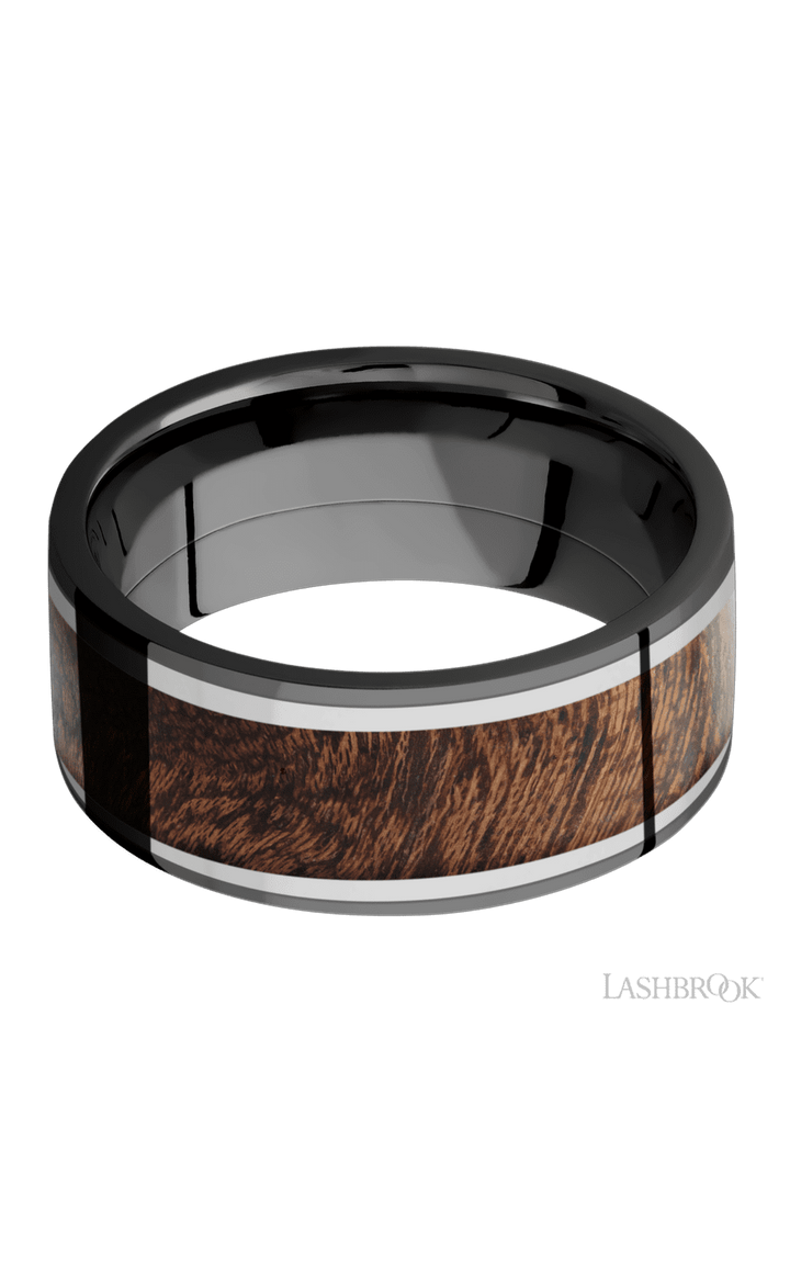 9 mm wide/Flat/Zirconium band featuring inlays of Titanium and Sapele.