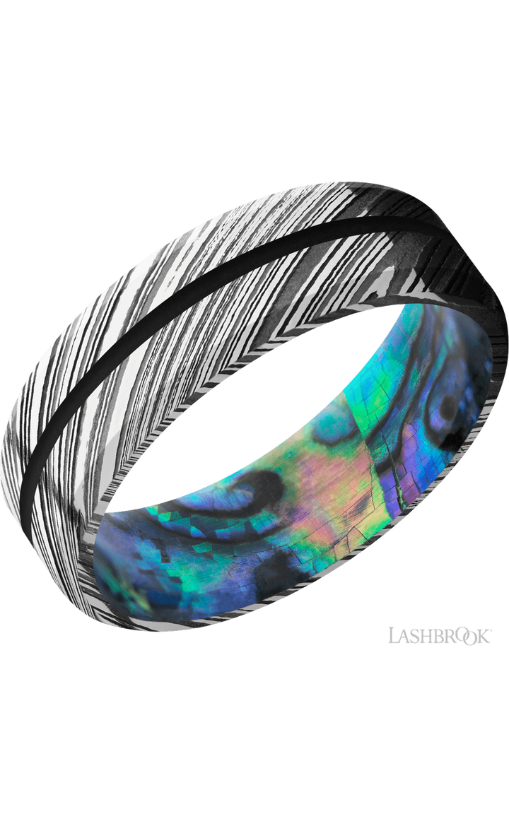 7 mm wide/Beveled/Woodgrain band with one 1 mm Centered inlay of Black also featuring a Abalone sleeve.