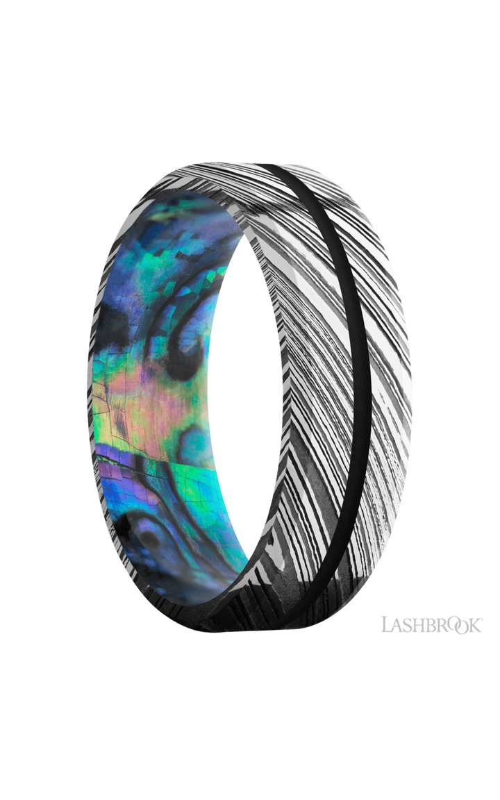 7 mm wide/Beveled/Woodgrain band with one 1 mm Centered inlay of Black also featuring a Abalone sleeve.