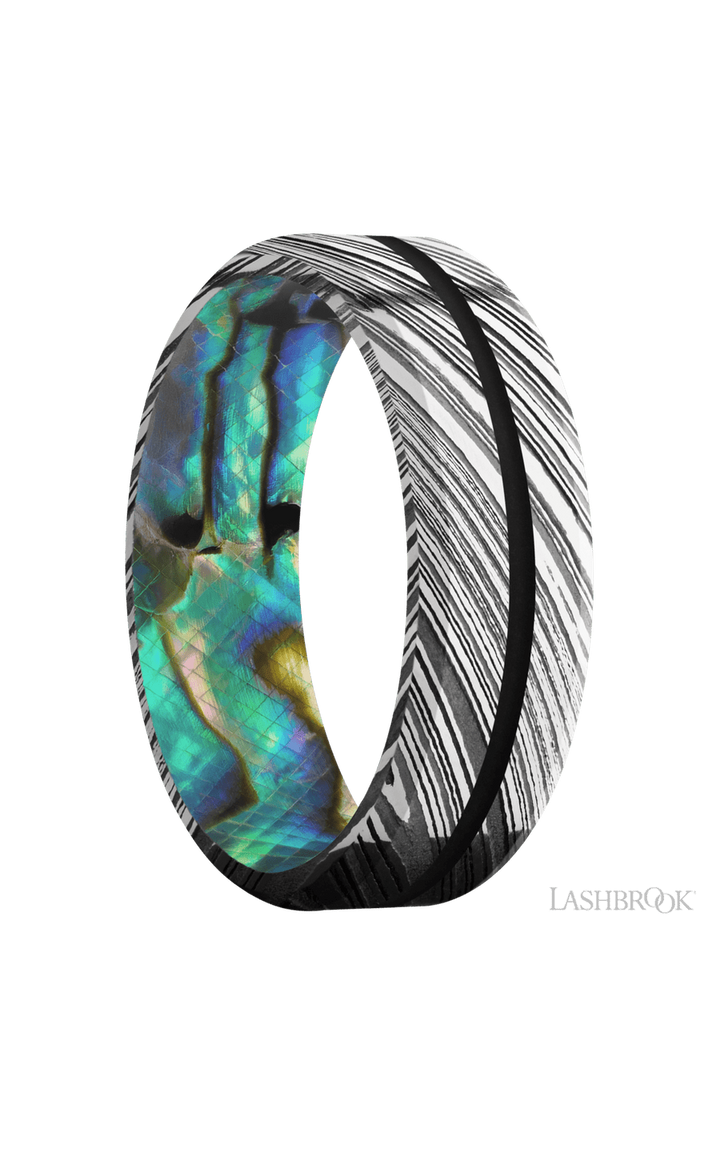7 mm wide/Beveled/Woodgrain band with one 1 mm Centered inlay of Black also featuring a Abalone sleeve.