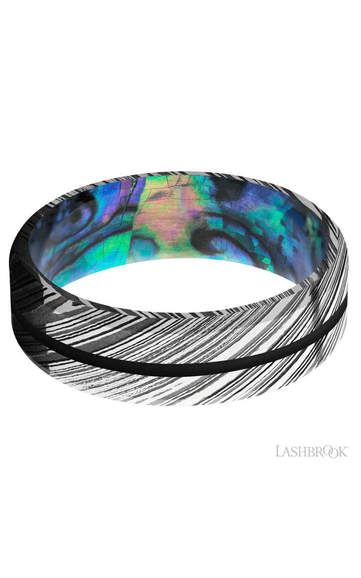 7 mm wide/Beveled/Woodgrain band with one 1 mm Centered inlay of Black also featuring a Abalone sleeve.