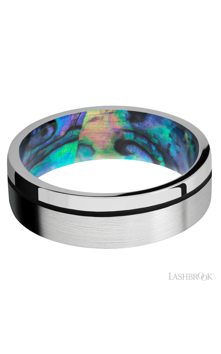 7 mm wide/Flat/14K White Gold band with one 0.5 mm Off Center inlay of Black also featuring a Abalone sleeve.