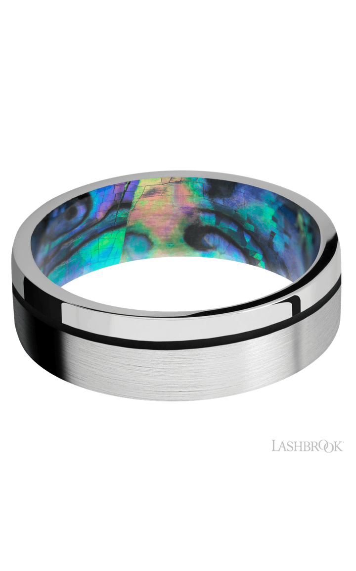 7 mm wide/Flat/14K White Gold band with one 0.5 mm Off Center inlay of Black also featuring a Abalone sleeve.