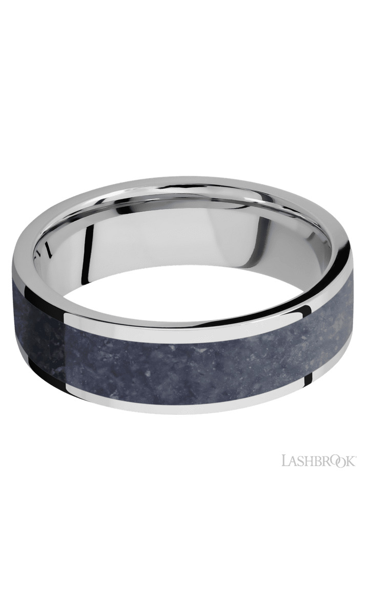 7 mm wide/Flat/Cobalt Chrome band with one 5 mm Centered inlay of Sodalite.
