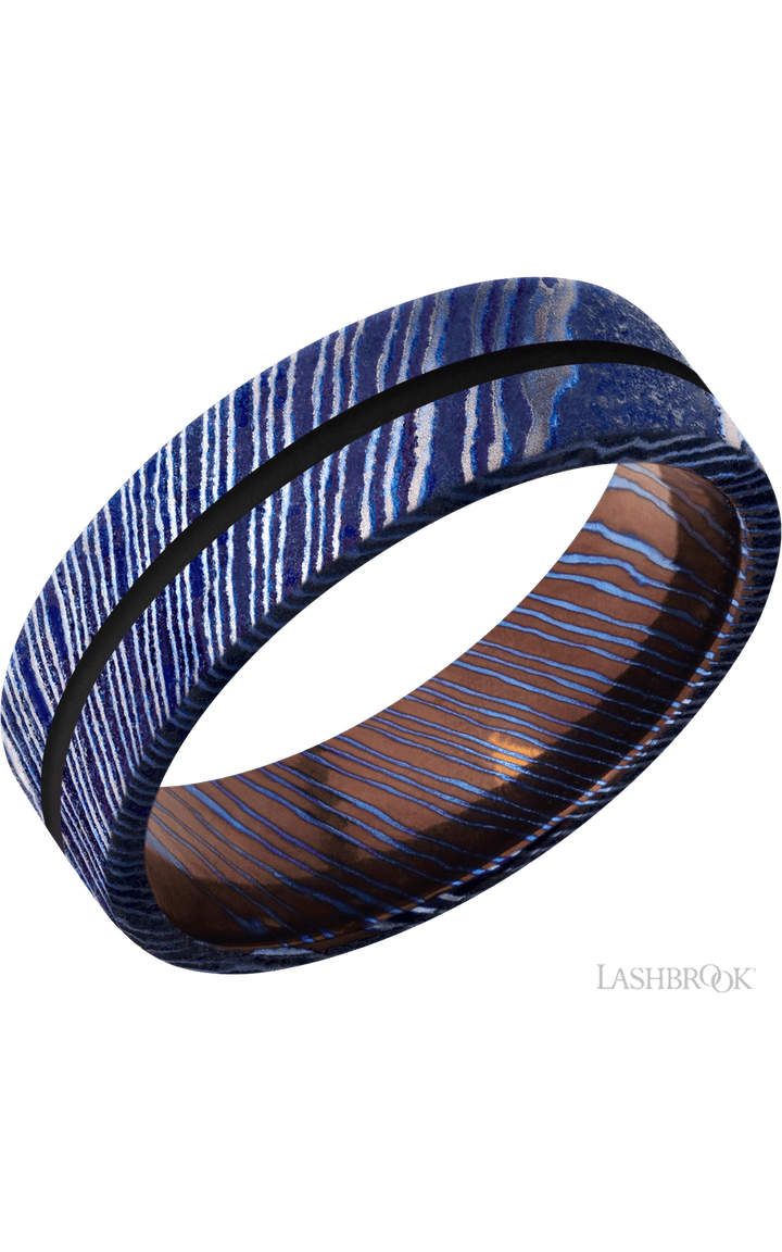 7 mm wide/Flat/Titanium Damascus band with one 1 mm Centered inlay of Black.