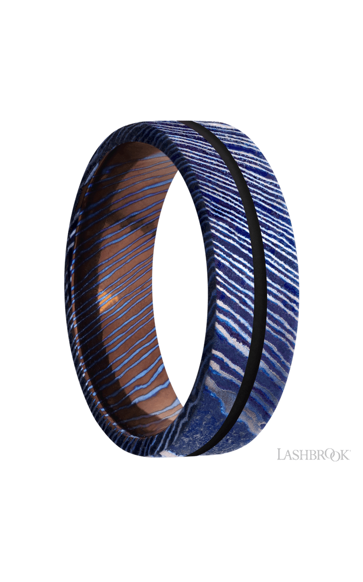 7 mm wide/Flat/Titanium Damascus band with one 1 mm Centered inlay of Black.